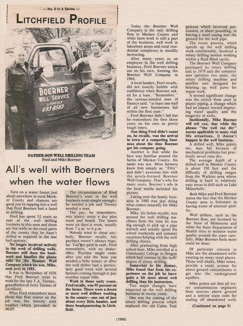 Newspaper clipping about the Boerner Well Company in 1988.